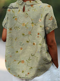 Women's Retro Floral Art Print Casual Cotton And Linen Shirt