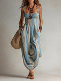 Women's Square-Neck Sleeveless Loose-Fit Casual Jumpsuit — Plaid Print Cotton-Linen Strappy Romper