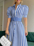 Women's Striped Art Casual Elegant Short Sleeve With Belt Long Dress
