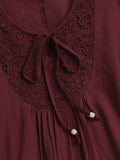 Lace-paneled Cotton-linen Top With Tie Detail — Loose-fit, Three-quarter Sleeve, Cotton-feel Fabric