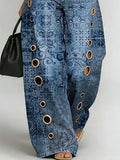 Women's Retro Floral Art Print Casual Stylish Hollow Denim Pants