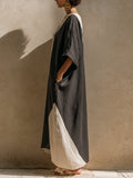 Color-block Linen-blend Loose Maxi Robe Dress
