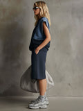 Casual Retro Denim Patchwork Navy Blue Short-sleeved Sweatshirt And Shorts Set