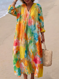 Artistic Floral Color-block Cotton-linen Vacation Dress