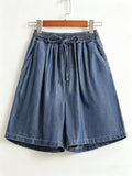 Washed Tencel Denim Wide-leg Mid-length Shorts With Elastic Drawstring Waist