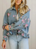Women's Vintage Washed Floral Print Denim Jacket