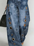 Women's Retro Floral Art Print Casual Stylish Hollow Denim Pants