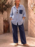 Cozy Striped Color-block Shirt & Pants Two-piece Set
