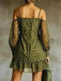 Leopard Print Off-shoulder Cropped Dress With Mesh Sleeves