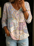 Pastoral-style Irregular Patchwork Print Shirt — Loose-fit, Breathable, V-neck, 3/4-sleeve Versatile Top