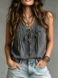 Women's Lace-up Casual Patchwork Denim Top