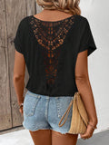 Women's Solid-color Round-neck Short-sleeve Top — Casual Loose-fit With Lace Splicing