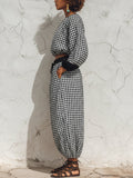 Black & White Houndstooth Balloon Sleeve Crop Top & Harem Pants Set