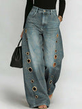 Women's Abstract Line Art Print Casual Stylish Hollow Denim Pants