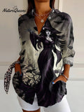 Women'sHalloween WitchArtPrint Casual Cotton Shirt