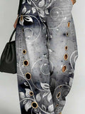 Women's Retro Floral Art Print Casual Stylish Hollow Denim Pants
