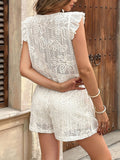 Women's Lace-embroidered Flared-sleeve Cutout Bow Blouse And Drawstring Shorts Set