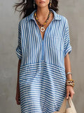 Women's Striped Art Casual Fashion Cozy Lapel Cotton Linen Dress