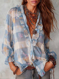 Women's Plaid Print V-neck Long-sleeve Casual Loose Chiffon Top
