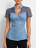 Women's V-neck Short-sleeve Casual Loose Denim-paneled Top