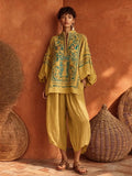 Bohemian Floral Print Linen And Cotton Two-piece Top And Pants Set