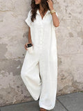 Solid-color Textured Crinkle Jumpsuit With Lapel Collar, Half-button Front, And Ankle-length Wide Legs
