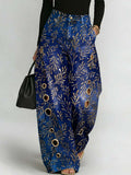 Women's Retro Floral Art Print Casual Stylish Hollow Denim Pants