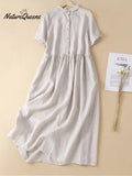 Women's Cotton And Linen Short Sleeve Solid Color Casual Shirt Dress