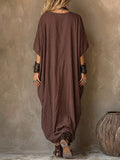 Women's Solid-color V-neck 3/4-sleeve Casual Loose Cotton-linen Dress