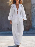 Women's Simple & Chic Two-piece Set: Tie-waist Open-knit Cardigan & Bottoms — Versatile For Commuting Or Vacation Leisure