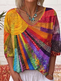 Boho Geometric Sun Print V-neck Cotton T-shirt