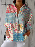 Women's Vintage Floral Patchwork Pattern Art Print Casual Linen V-neck Shirt