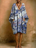 Women's Vintage Floral Print Short-sleeve Cotton-linen Dress