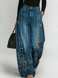 Women's Retro Floral Art Print Casual Stylish Hollow Denim Pants