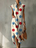 Colorful Polka Dot Decorative Pattern Women's No Sleeve Linen Cotton Dress