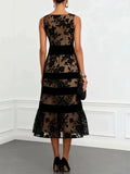 Women's Black Mesh Flocked Jacquard Spliced Slim-fit Dress