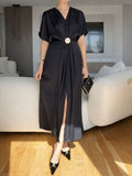 Women's Solid-color V-neck Short-sleeve Loose Casual Dress