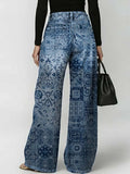 Women's Retro Floral Art Print Casual Stylish Hollow Denim Pants