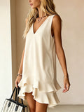 Women's Solid-color V-neck Sleeveless Loose-fit Ruffled Dress