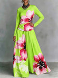 Stylish Printed Casual Cotton Top And Wide-leg Pants Two-piece Set