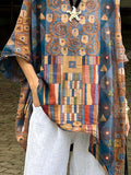 Women's Retro Geometric Pattern Art Print Casual Cotton Long Shirt