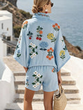 Women'S Casual Vacation Printed Loose Top, Shorts, And Scarf Set