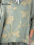 Women's Retro Elegant Floral Art Print Casual Cotton And Linen Shirt