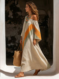 Off-white & Contrast-trim Linen-blend Off-the-shoulder (bardot) Loose-fit Maxi Dress