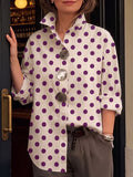Women's Polka Dot Print Cotton Shirt — Lapel Collar Long Sleeve Casual Loose Fit