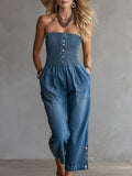 Women's Strapless Sleeveless Loose-fit Denim Jumpsuit With Wide Legs