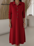 Classic Polo Collar Button Solid Color Knitted Midi Dress