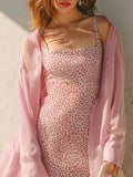 Pink Sheer Long Shirt & Pink Leopard Print Slip Dress 2-piece Set