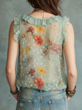 Women's Floral Polka Ruffled Art Casual Stylish Sleeveless Shirt