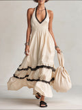 Women's Halter-neck V-neck Long Dress With Lace Splicing